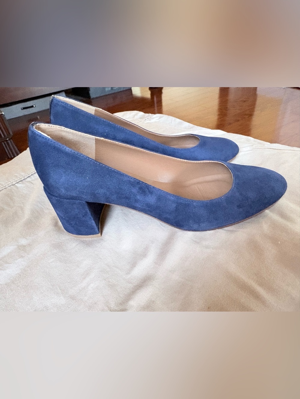 Margaux  “The Heel” Navy Suede Pumps with Round Toe